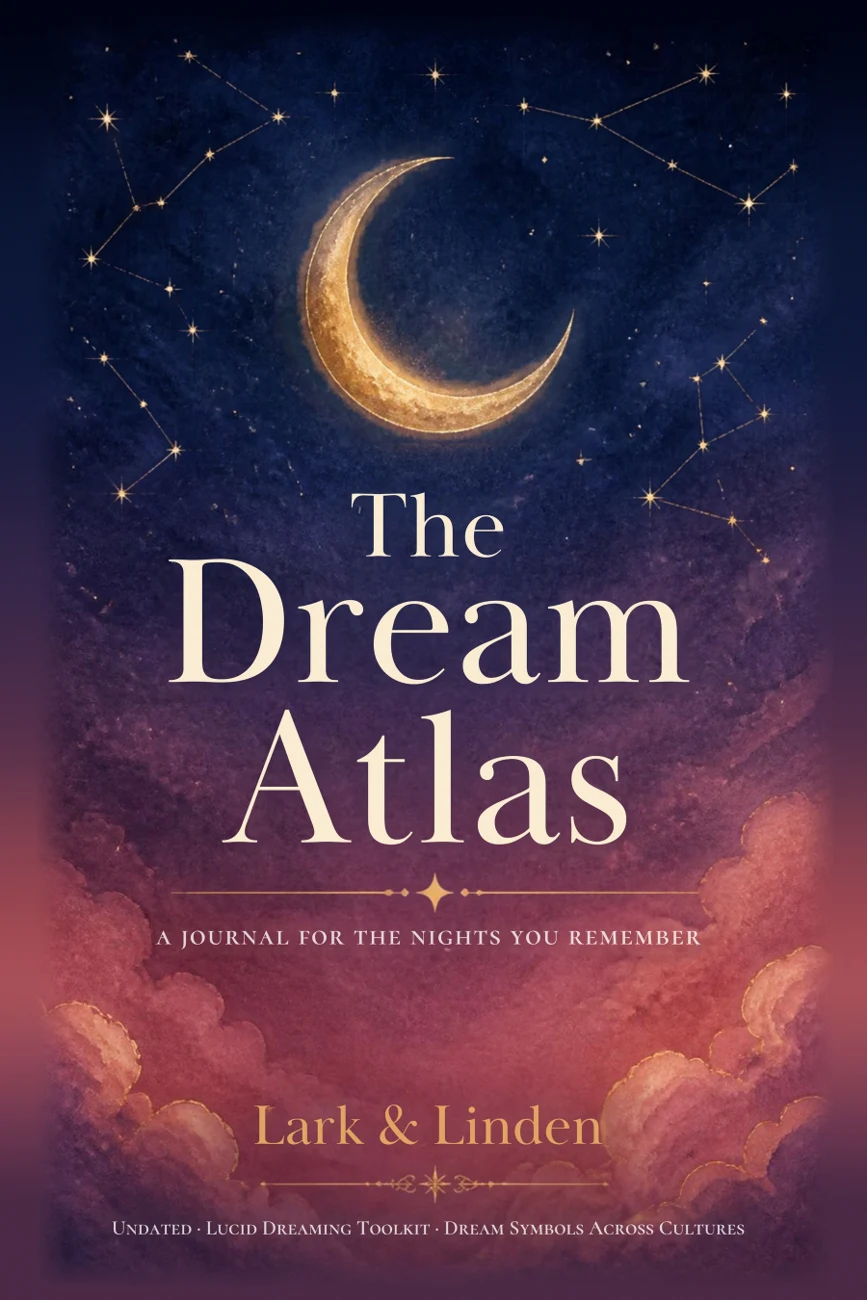 The Dream Atlas journal cover: a golden crescent moon over a starry indigo sky