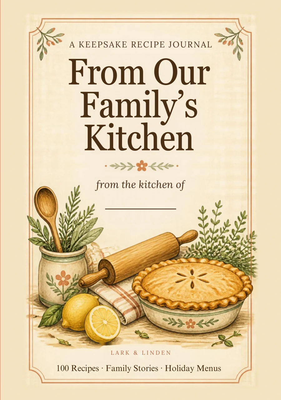 From Our Family's Kitchen recipe journal cover with a pie, rolling pin, lemons and herbs